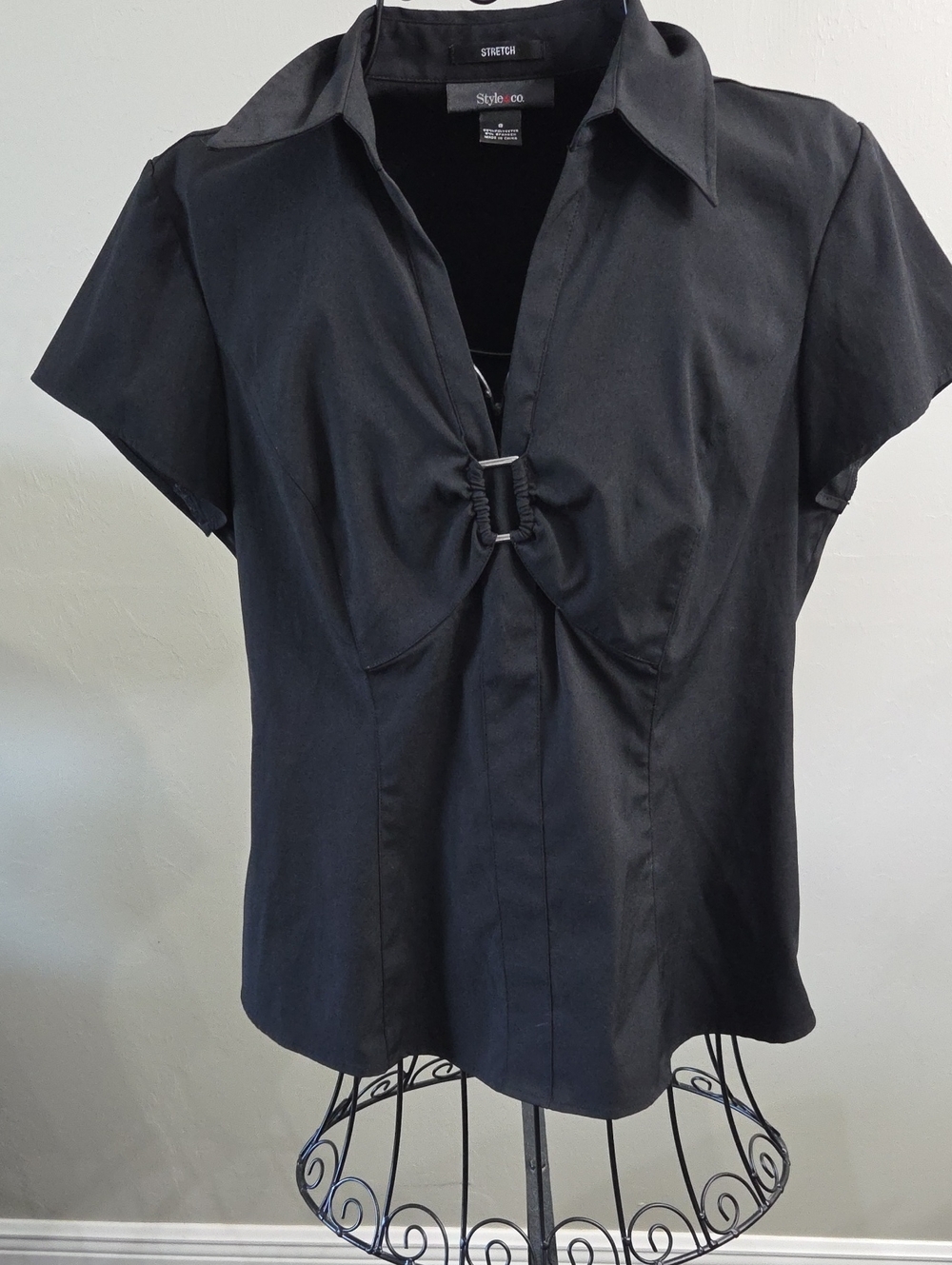 Style & Co. Black Short-Sleeve Ring-Front Button Down Top